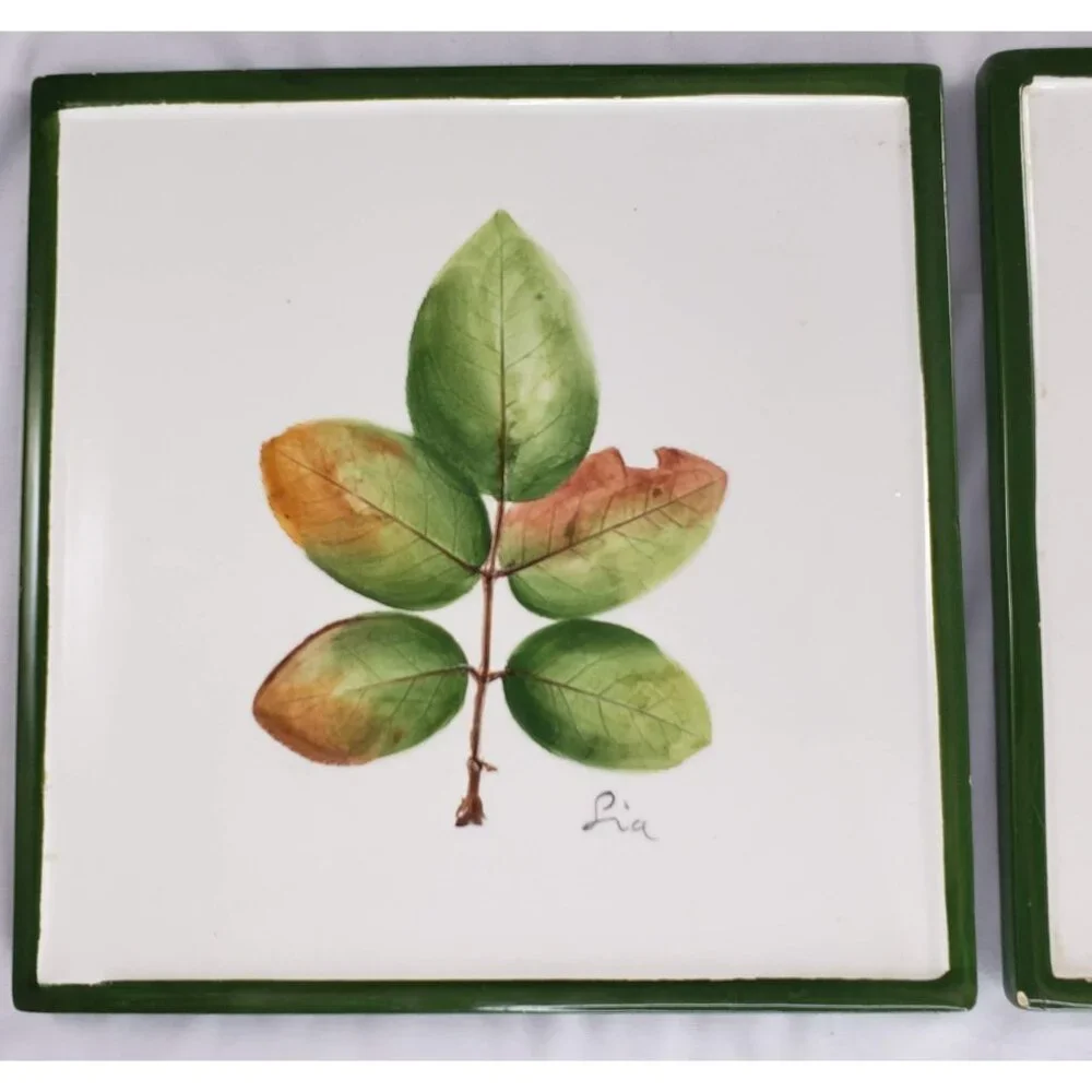 Pier 1 Leaf Trivet Tiles Set of 2 Italy Green White